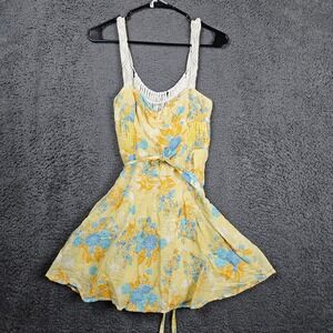 Free People Dress Size‎ 4 Yellow Blue Floral Crochet Mini Sundress Boho Cute